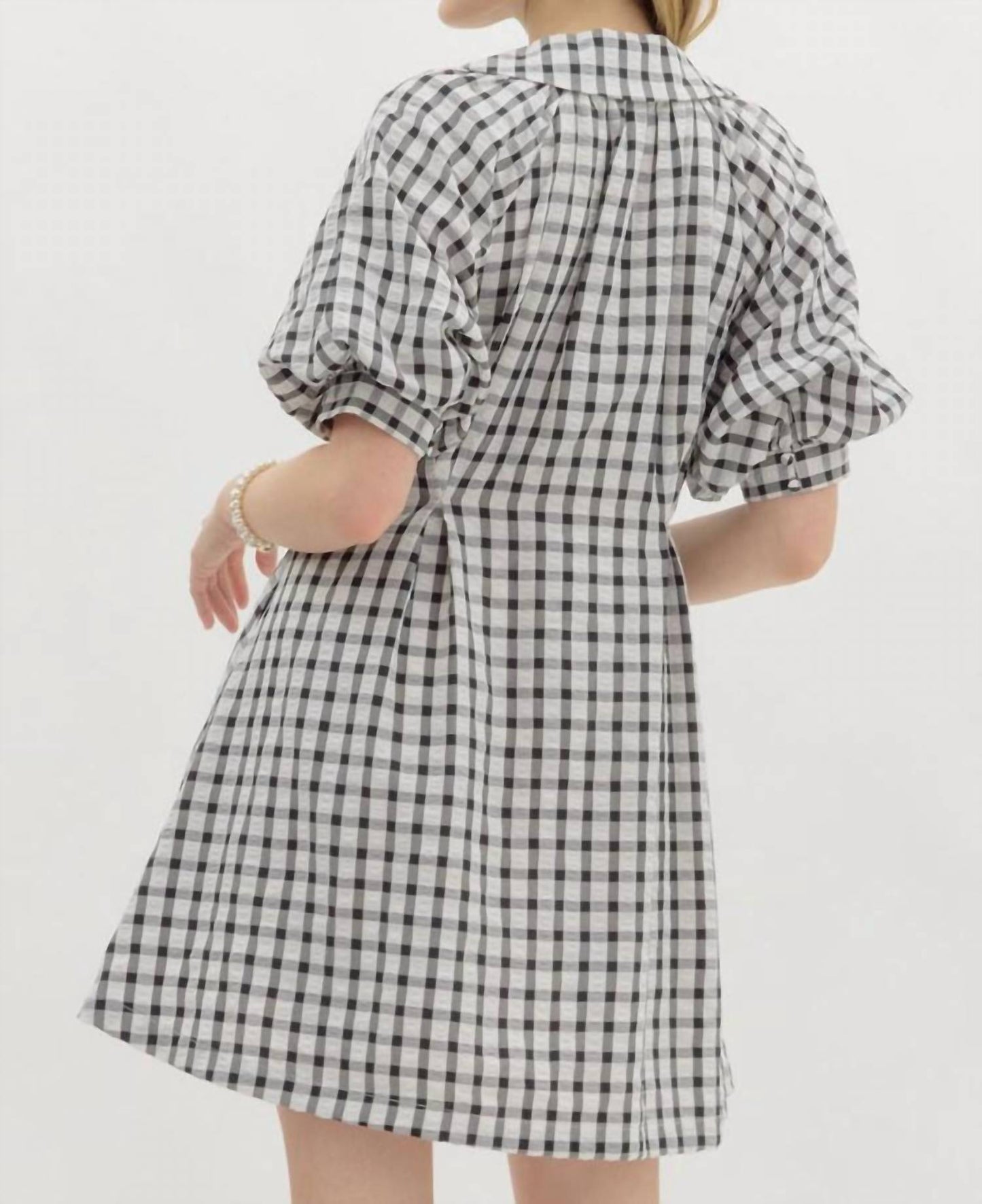 Entro - Gingham Pleated Bubble Sleeve Mini Dress