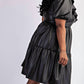 The Curve La - Plus Size Faux Leather Tiered Puff Sleeve Short Dress