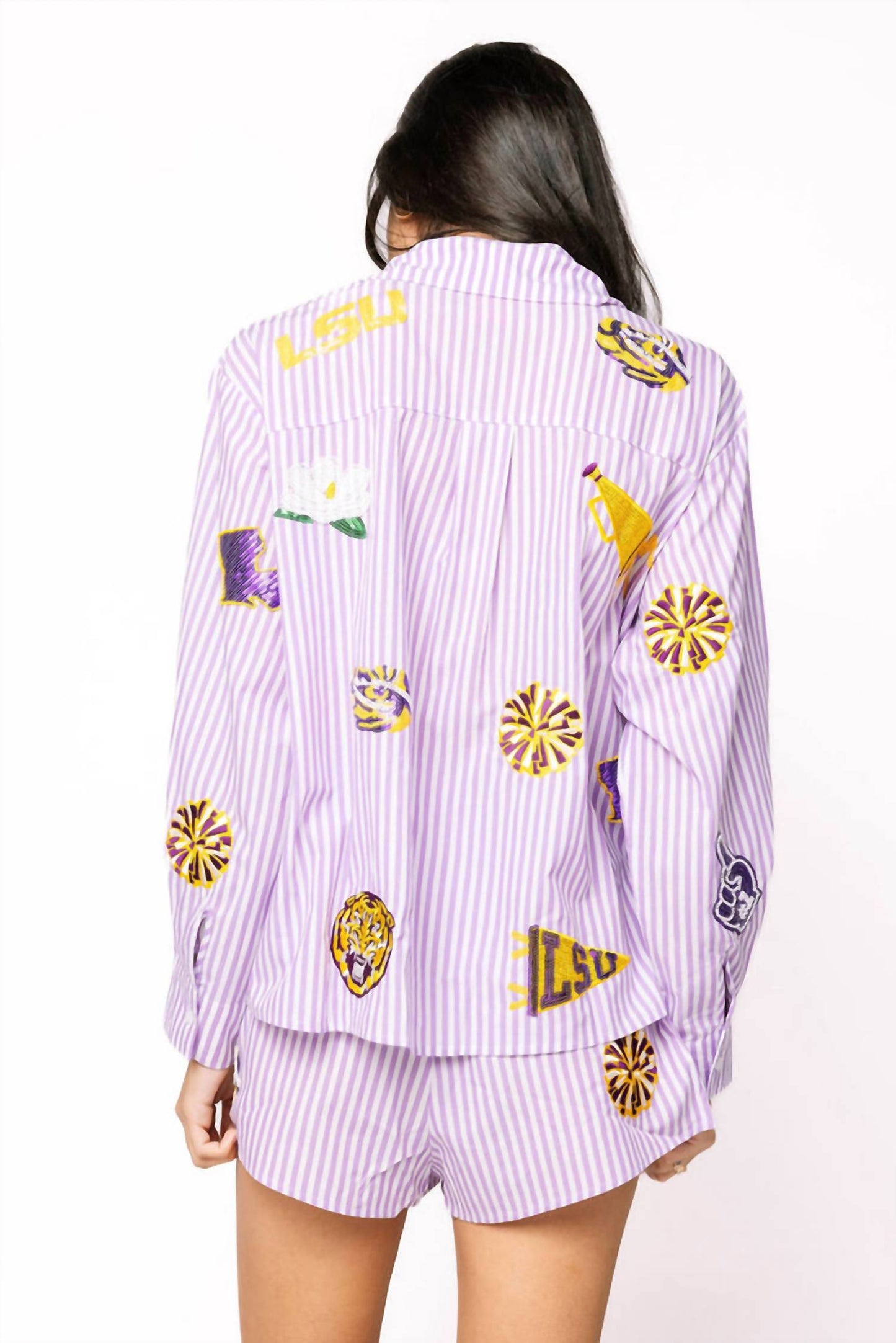 Queen Of Sparkles - Licensed Lsu Mini Icon Striped Button Down Top