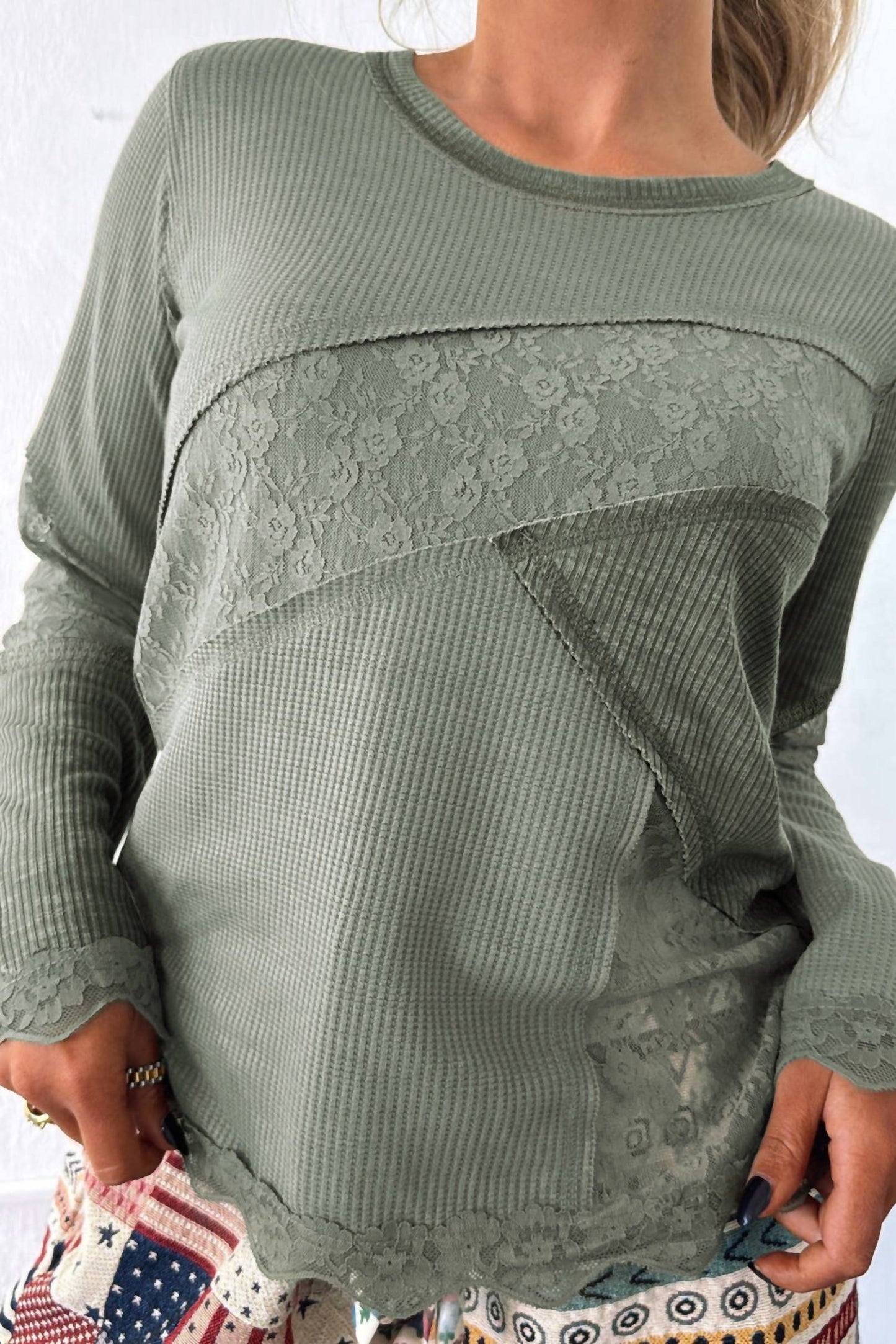 1 The Woman - Waffle Ribbed Lace Patchwork Long Sleeve Top