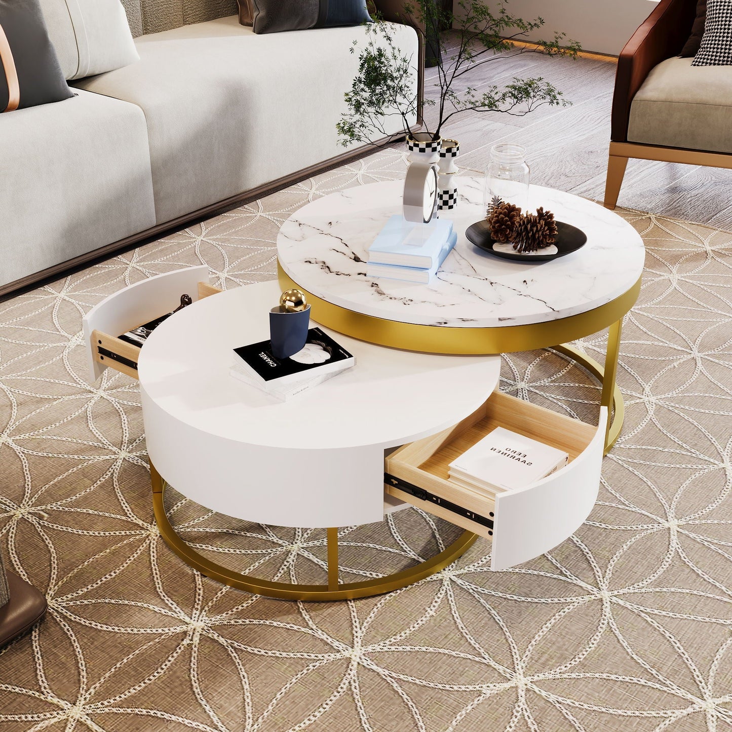 Round Nesting Coffee Table with Drawers - Golden / White
