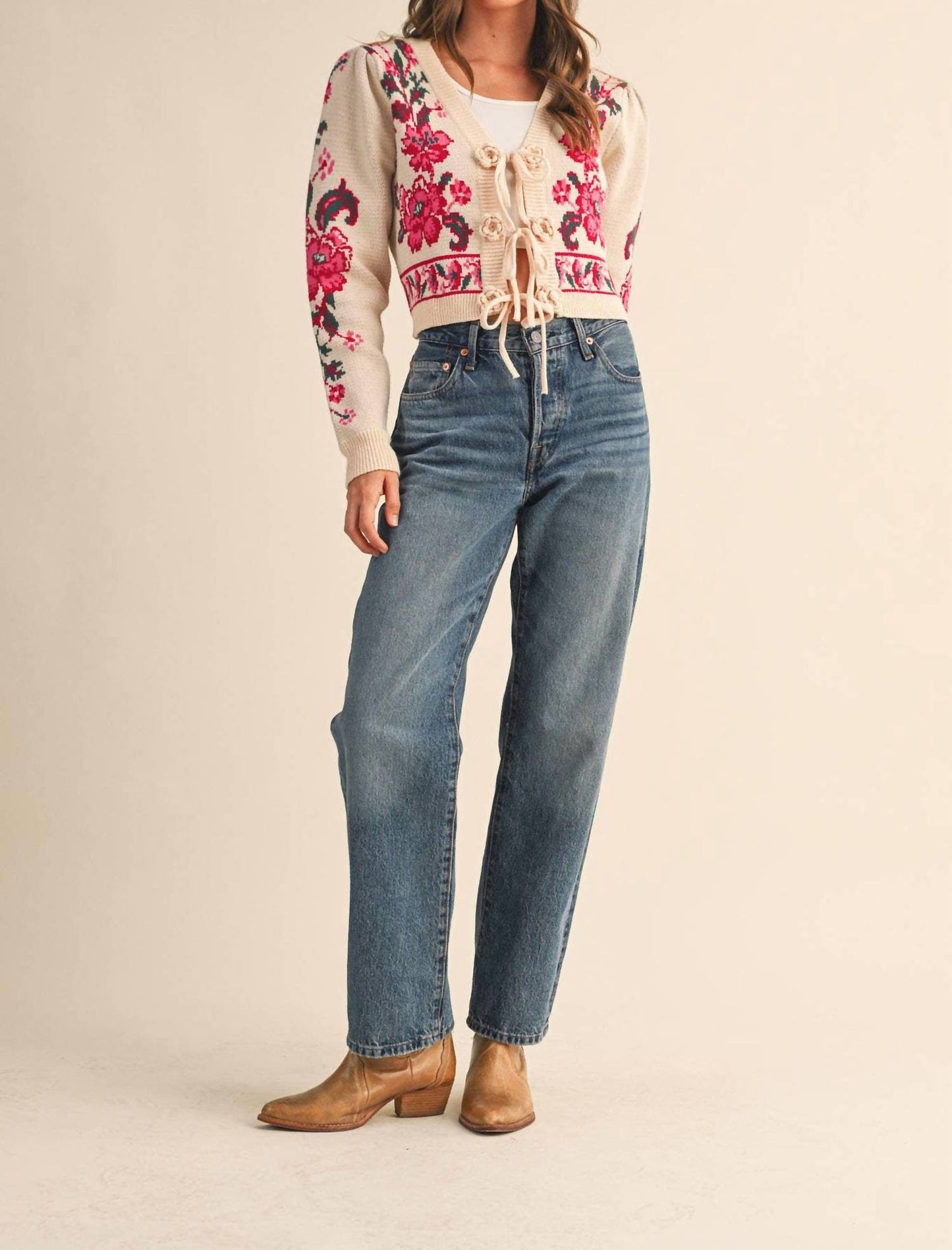 &Merci - Floral Knit Tie-front Cropped Sweater Cardigan