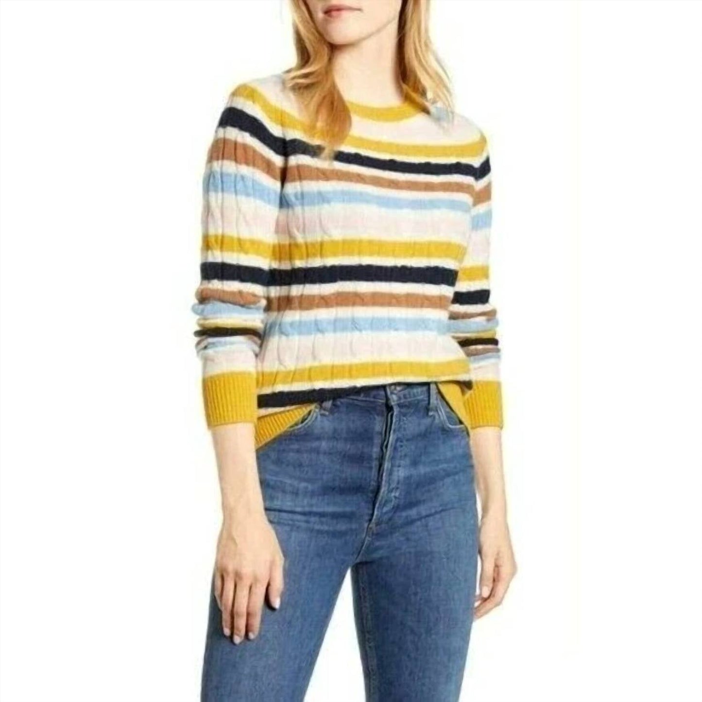 1901 - Cable Knit Striped Crew Neck Sweater