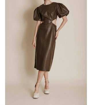 Aureum - Vestido midi com recortes em couro vegano