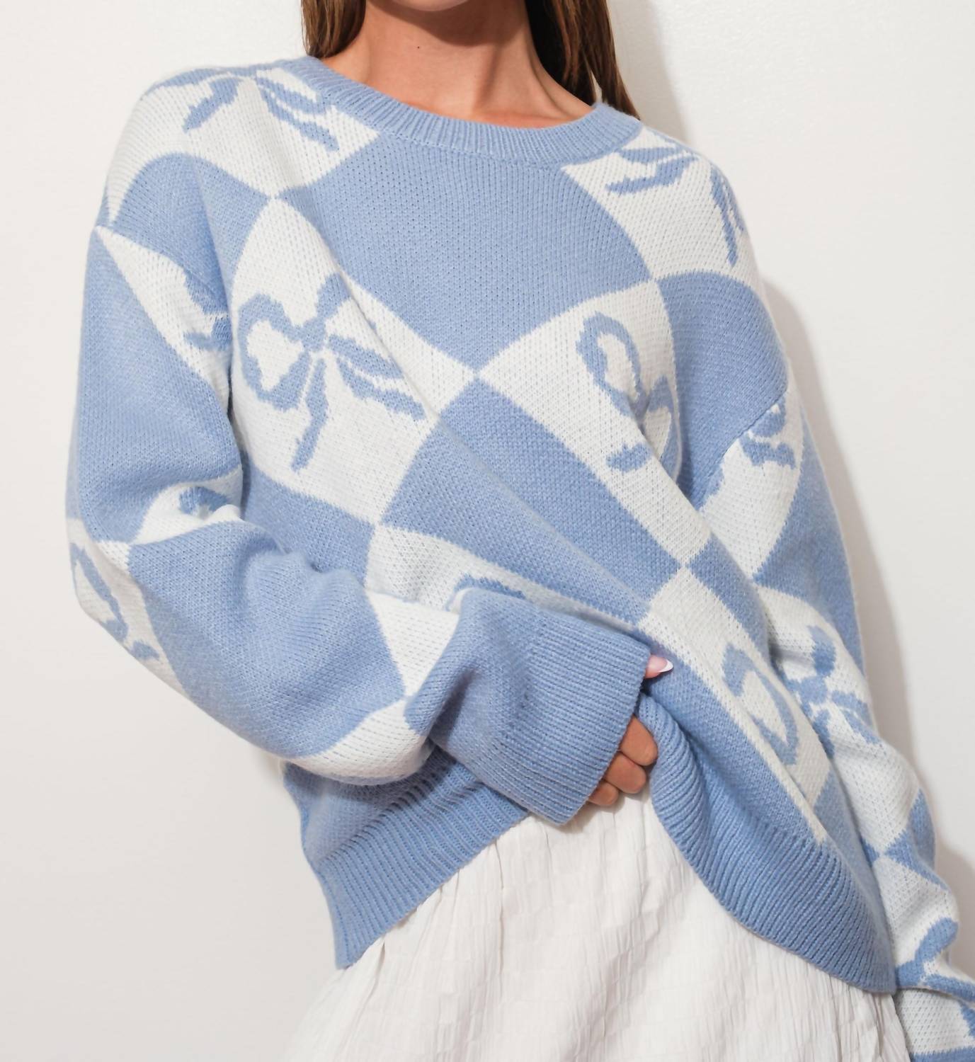 Pretty Garbage - Bow Checkered Knit Sweater