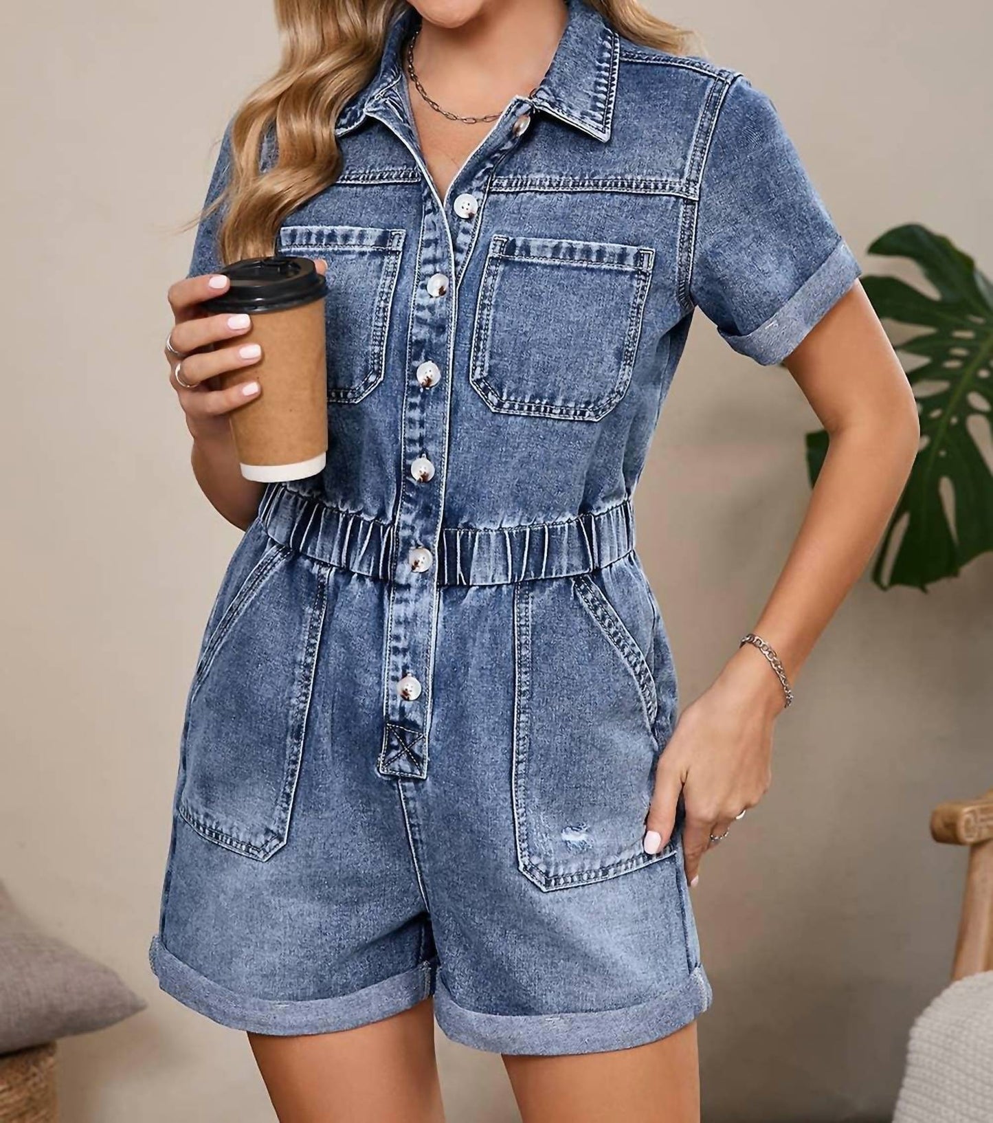 Aapparella - Short Sleeve Denim Button Front Romper