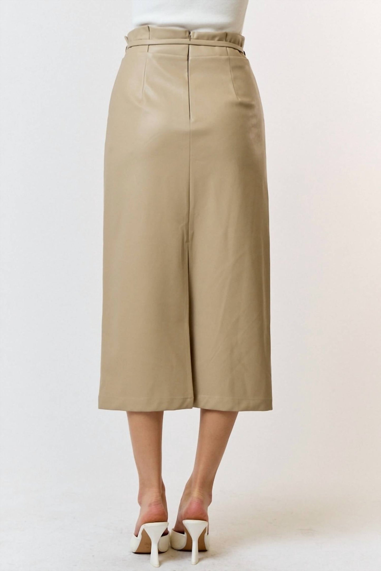 Lalavon - Polyurethane Leather Waist Tie Midi Skirt