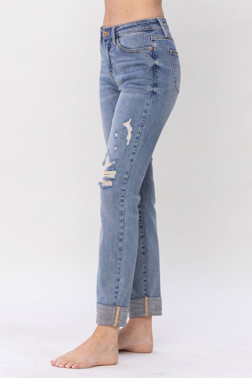 Judy Blue - Mid Rise Knee Destroyed Cuffed Long Boyfriend Denim Jeans