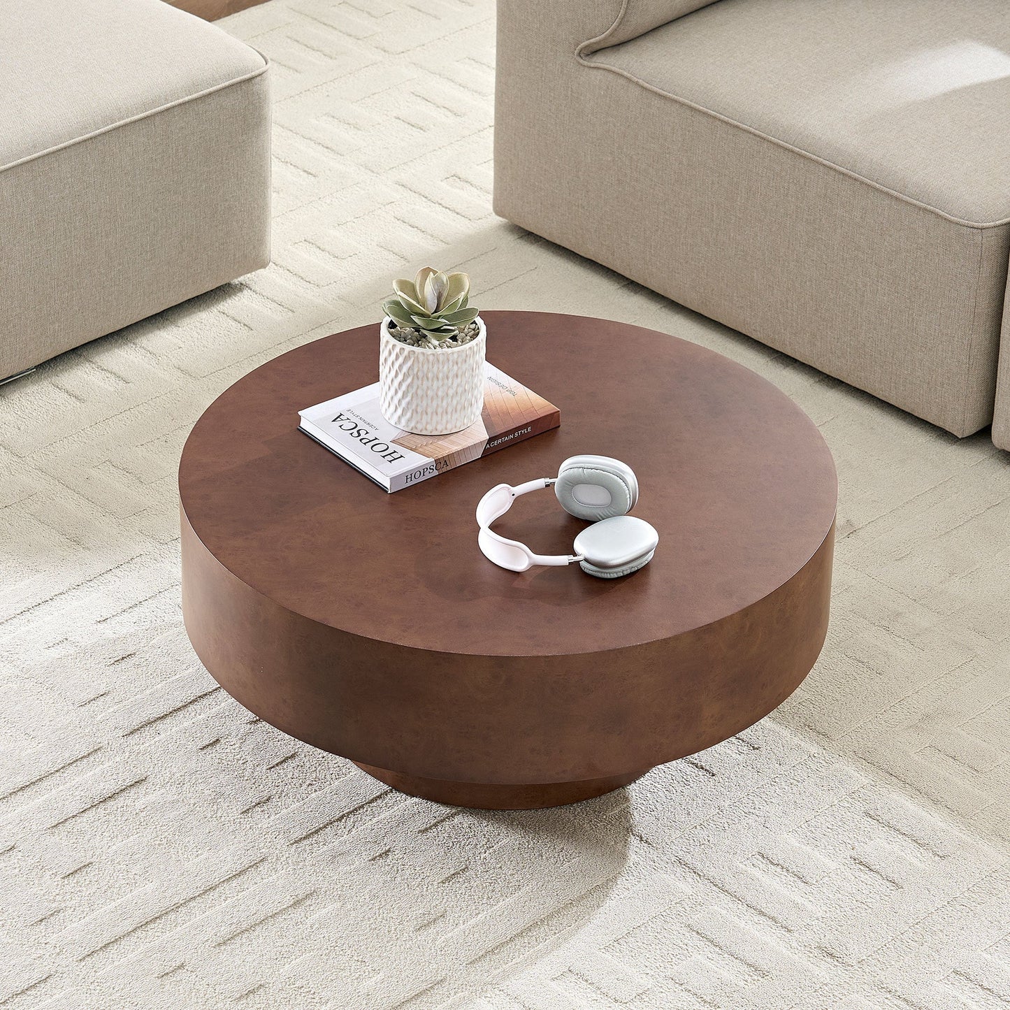 31.49'' Faux Burl Wood Pattern Round Coffee Table with Sturdy Pedestal