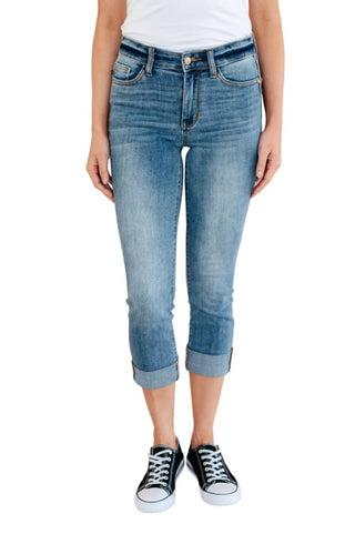 Judy Blue - Calça jeans skinny capri com cintura média e punho