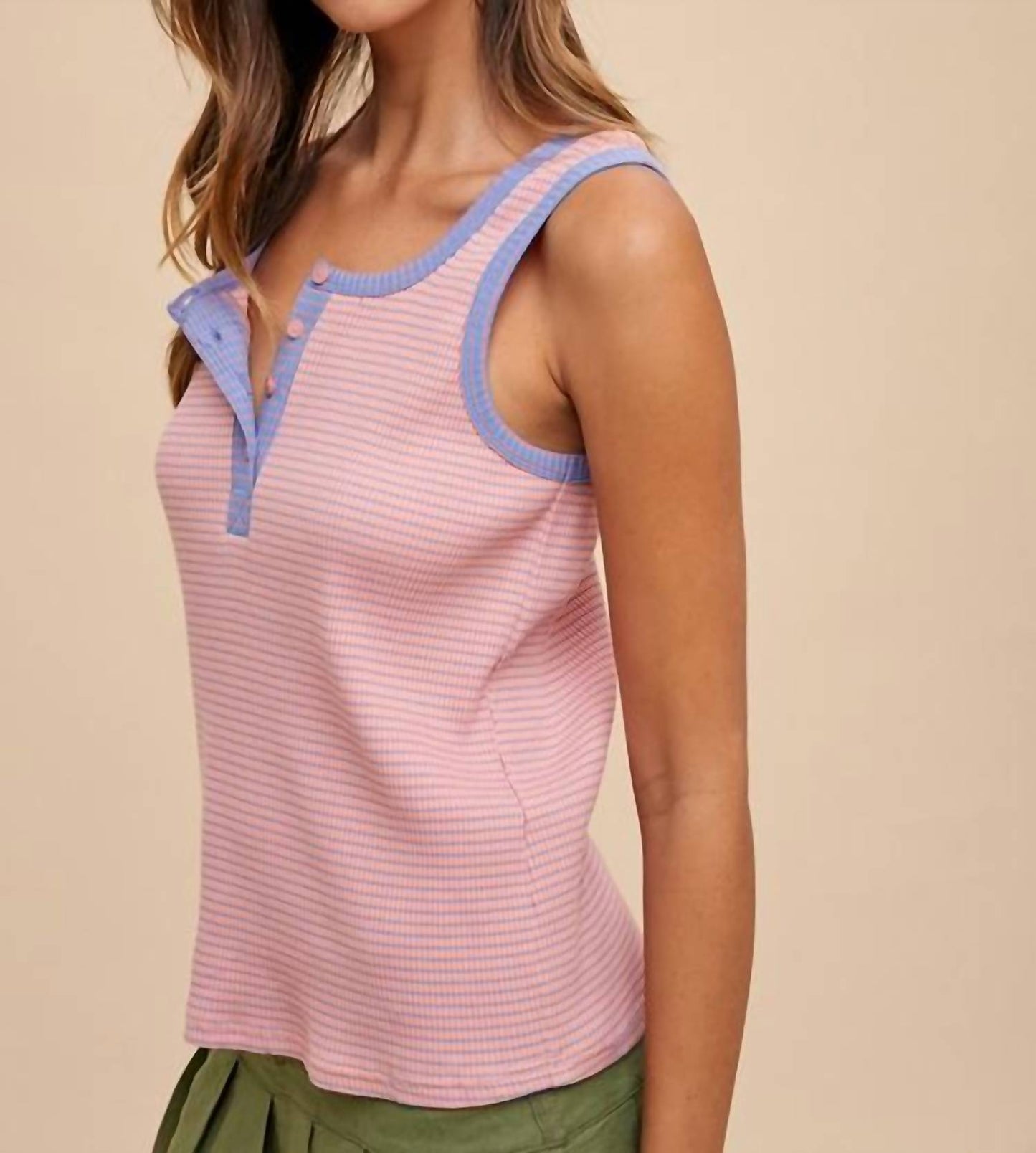 Anniewear - Contrast Striped Rib Henely Tank Top
