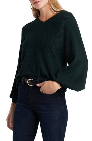 1STATE Ribbed Balloon Sleeve Cotton Blend Sweater - Night Meadow