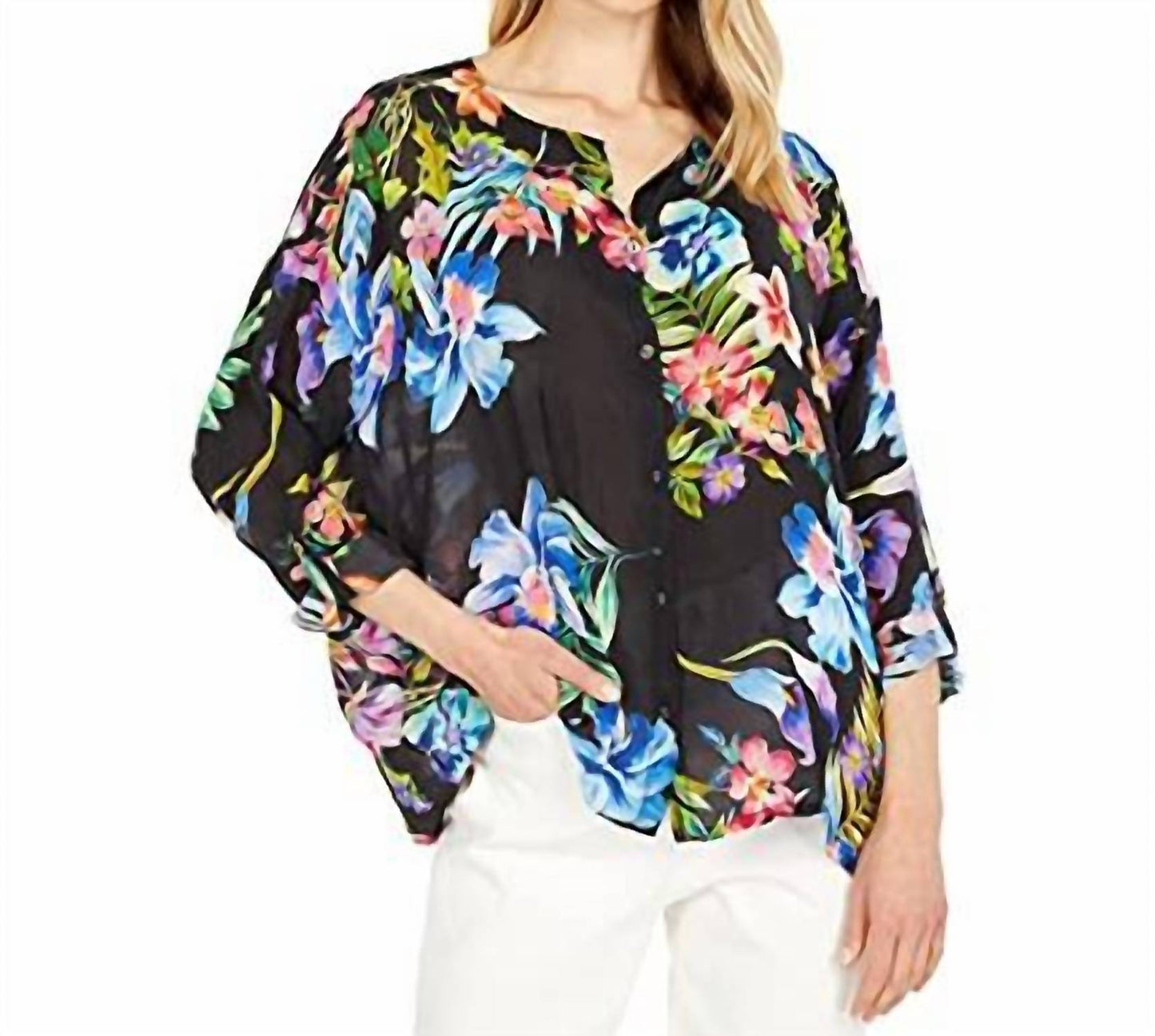 Johnny Was - Túnica Maeve com estampa floral e botões, manga comprida