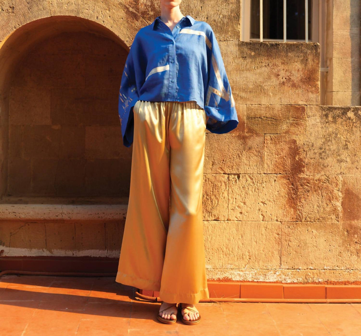 Greek Archaic Kori - Glossy Satin Elastic Waist Pants