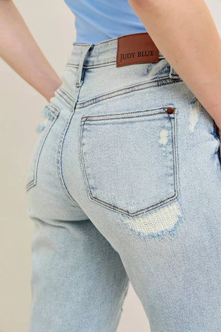 Trendsi - Judy Blue Full Size Mr Repair Stitch Detail Destroy Single Cuff Bf Jeans Plus Size