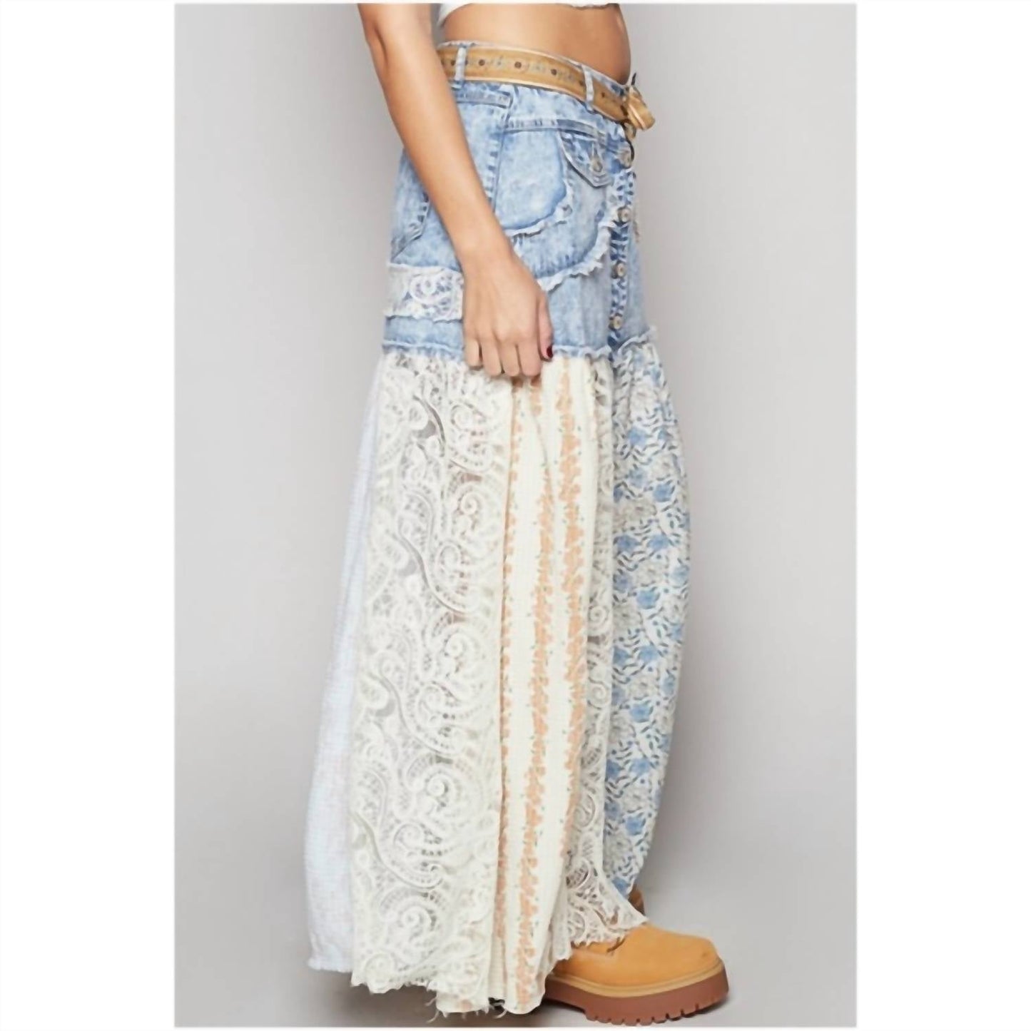 Pol - Woven Floral Print Mixed Skirt