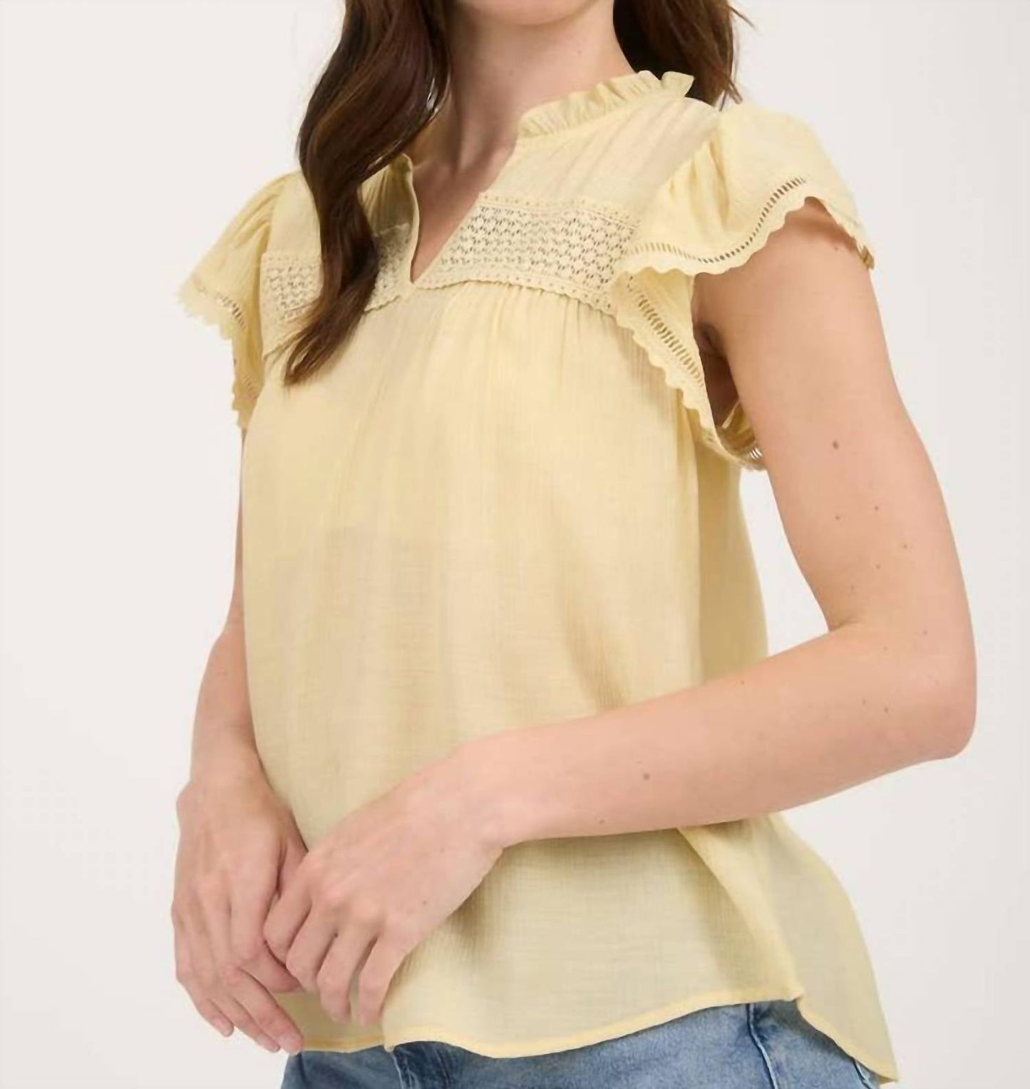 Blu Pepper - Split Neck Eyelet Crochet Trim Ruffle Detail Top