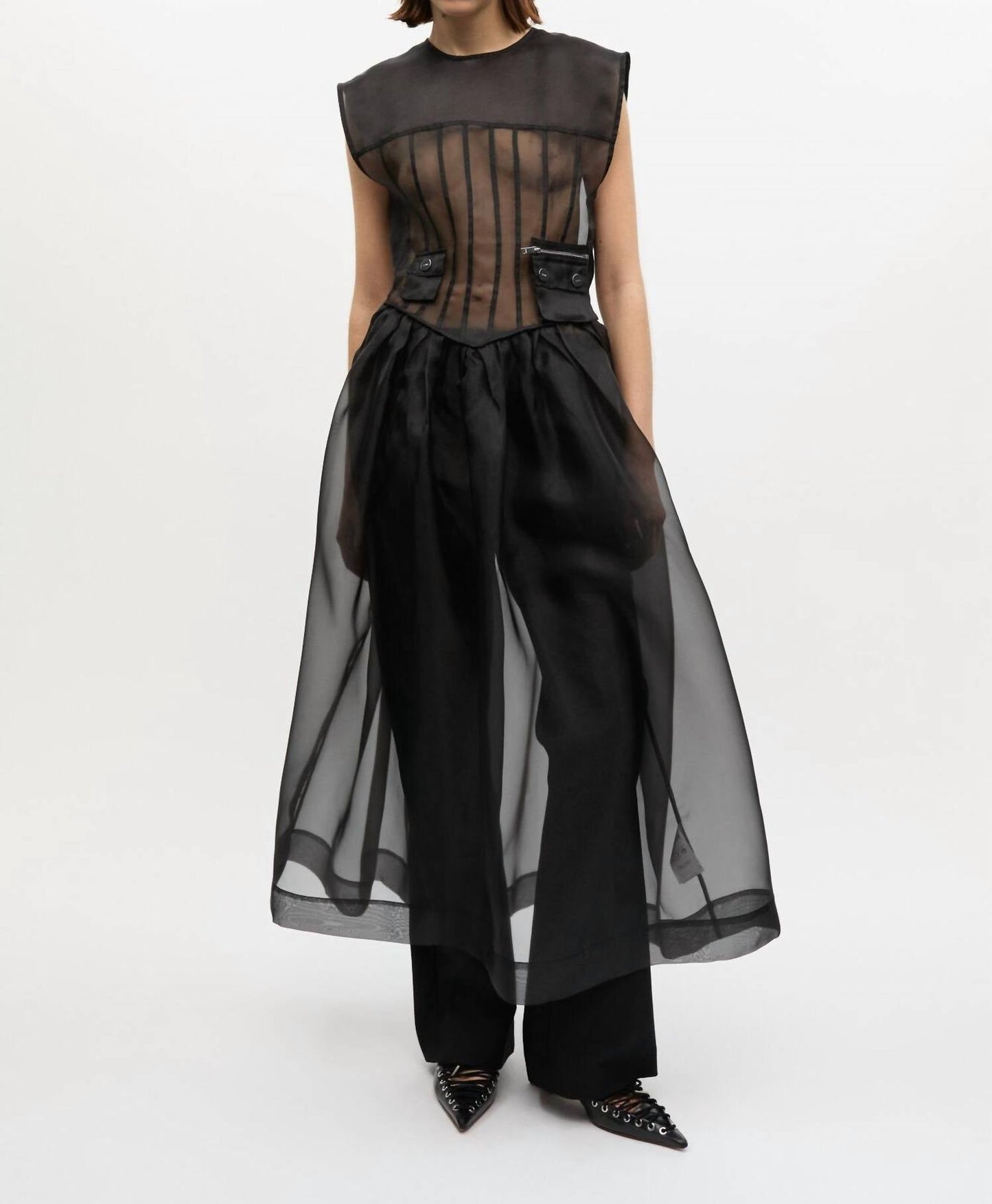 Ganni - Women's Technical Organza Corset Midi Dress