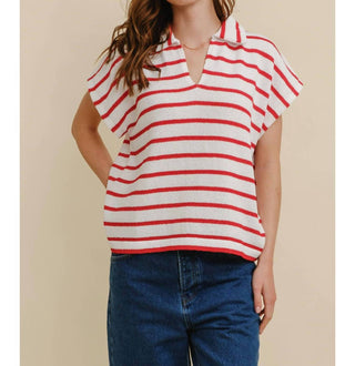 Cloud Ten - Striped Collared V Neck Top