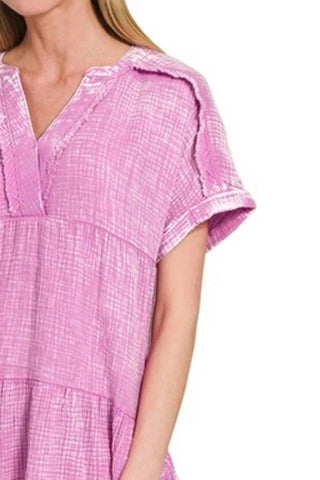Zenana - Washed Double Gauze Raw Edge V-neck Dress