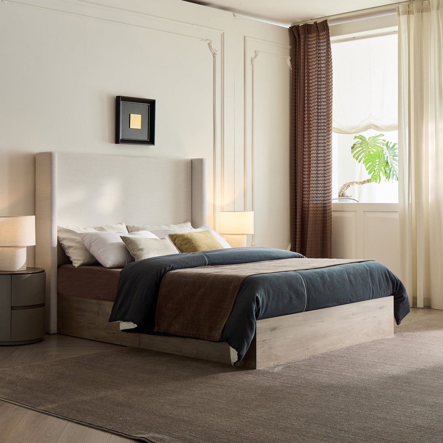 Shelton Upholstered Wingback Bed with 54-inch High Headboard