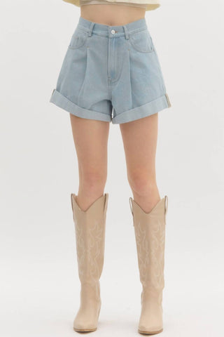 Entro - Shorts jeans plissados ​​de cintura alta para mulheres