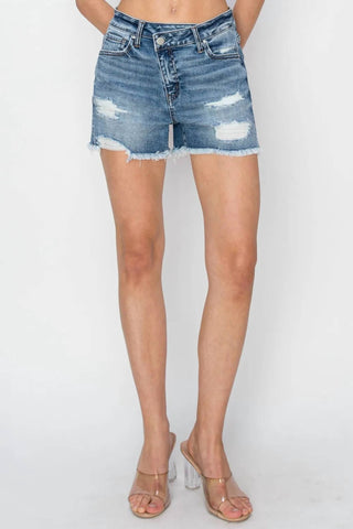 Risen - Stepped Waist Frayed Denim Shorts