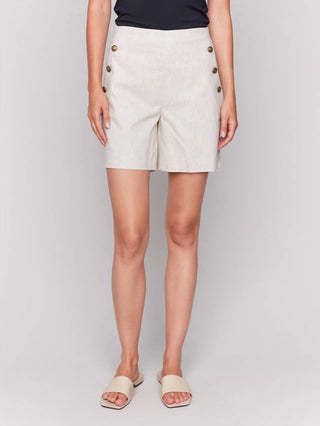 Charlie B - Shorts elástico em mistura de linho com detalhe de botão