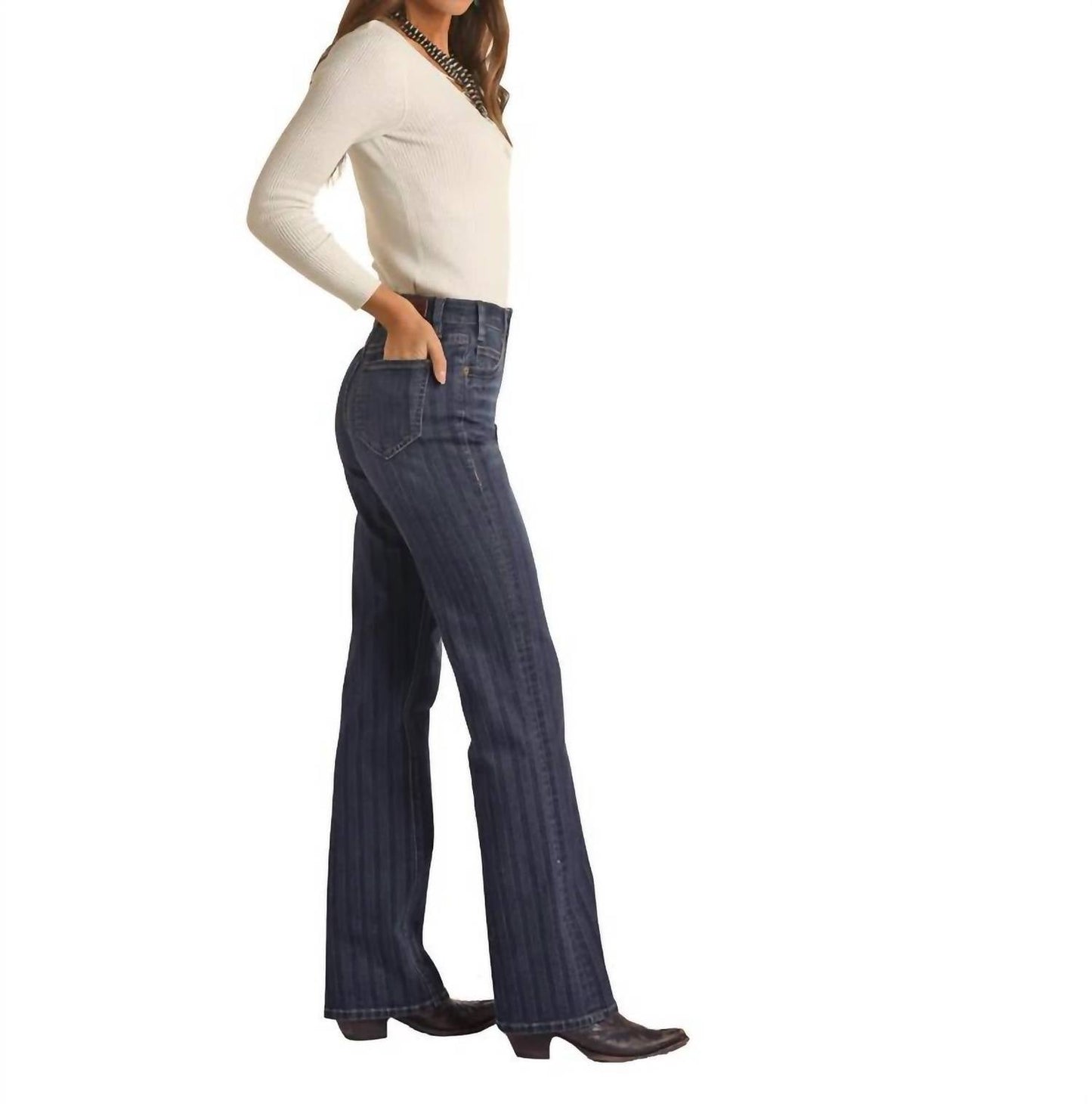 Rock & Roll Cowgirl - High-rise Tonal Stripe Boot Cut Jean