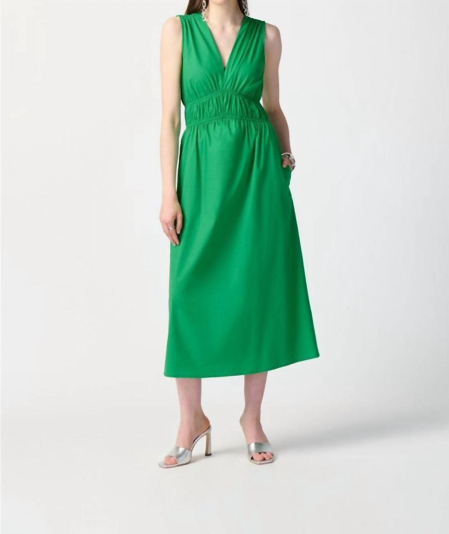 Joseph Ribkoff - Shirred V-neck Sleeveless Midi A-line Dress