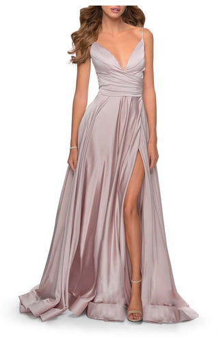 La Femme Mauve Strappy Back Satin Ballgown