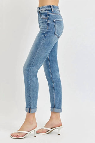 Risen - Calça jeans cropped de cintura alta e enrolada tamanho grande