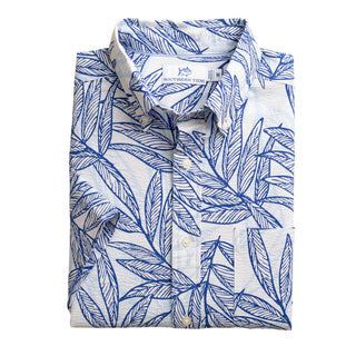 Southern Tide - Camisa esportiva masculina de manga curta com estampa de palmeiras azuis e seersucker