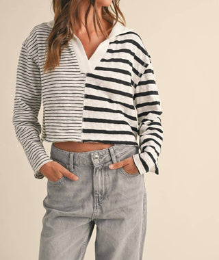 Miou Muse - V-Neck Contrast Striped Top