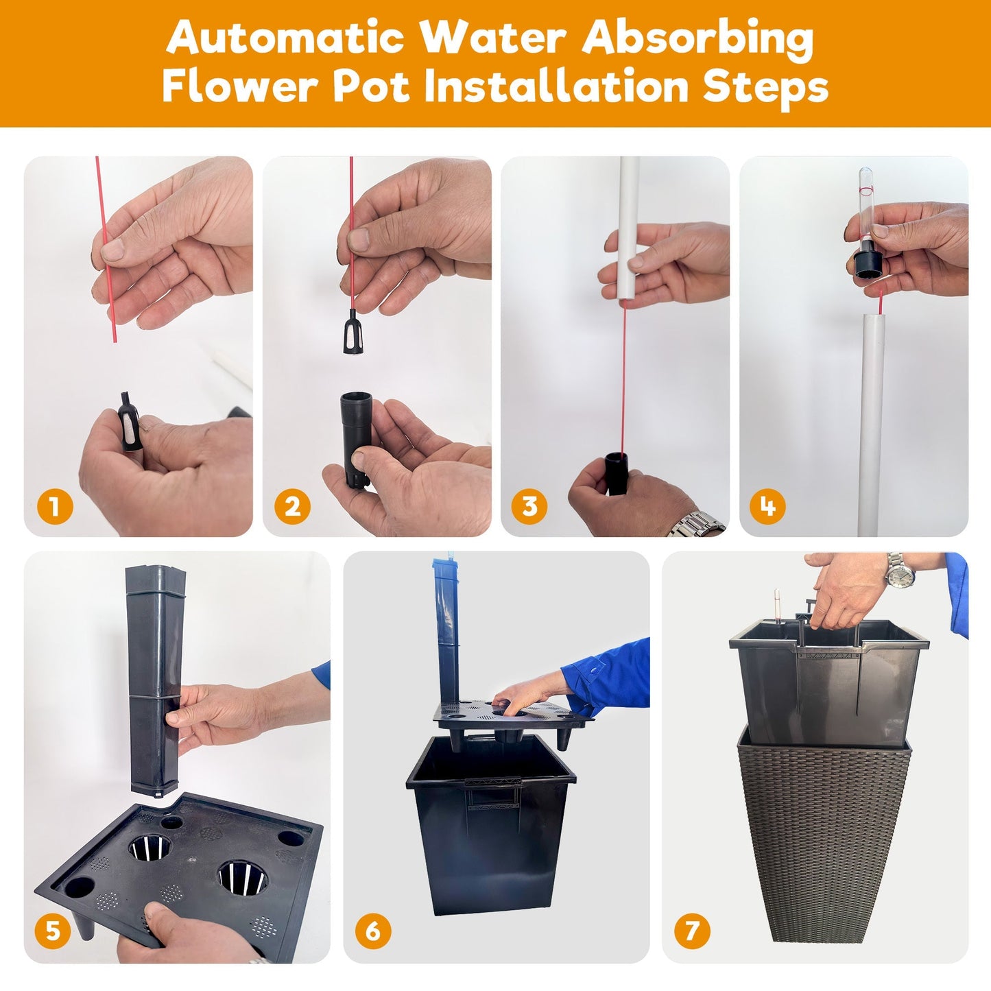 Set of 2 Faux Rattan Tall Planters with Automatic Watering System