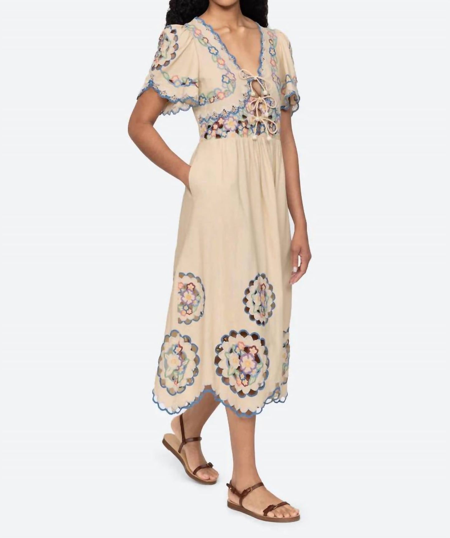 Sea - Melinda Embroidered Short Sleeve Midi Dress