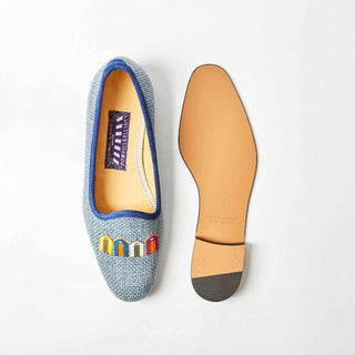 Bowhill & Elliott - Women's Denim Linen Pumps with Embroidered Beach Huts