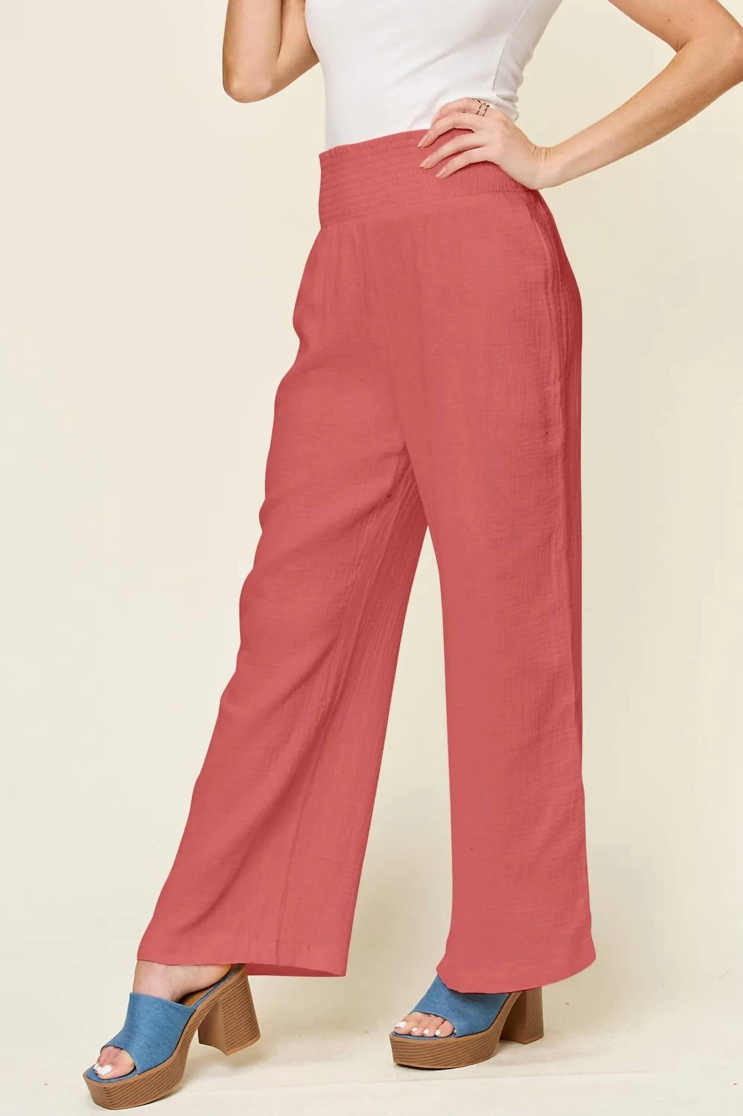 Double Take - Women's Full Size Texture Smocked Waist Wide Leg Pants