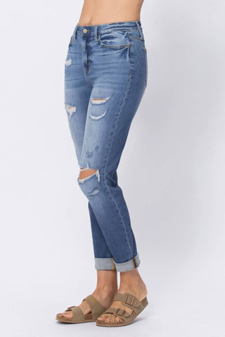 Judy Blue - Calça jeans boyfriend de cintura alta com punho