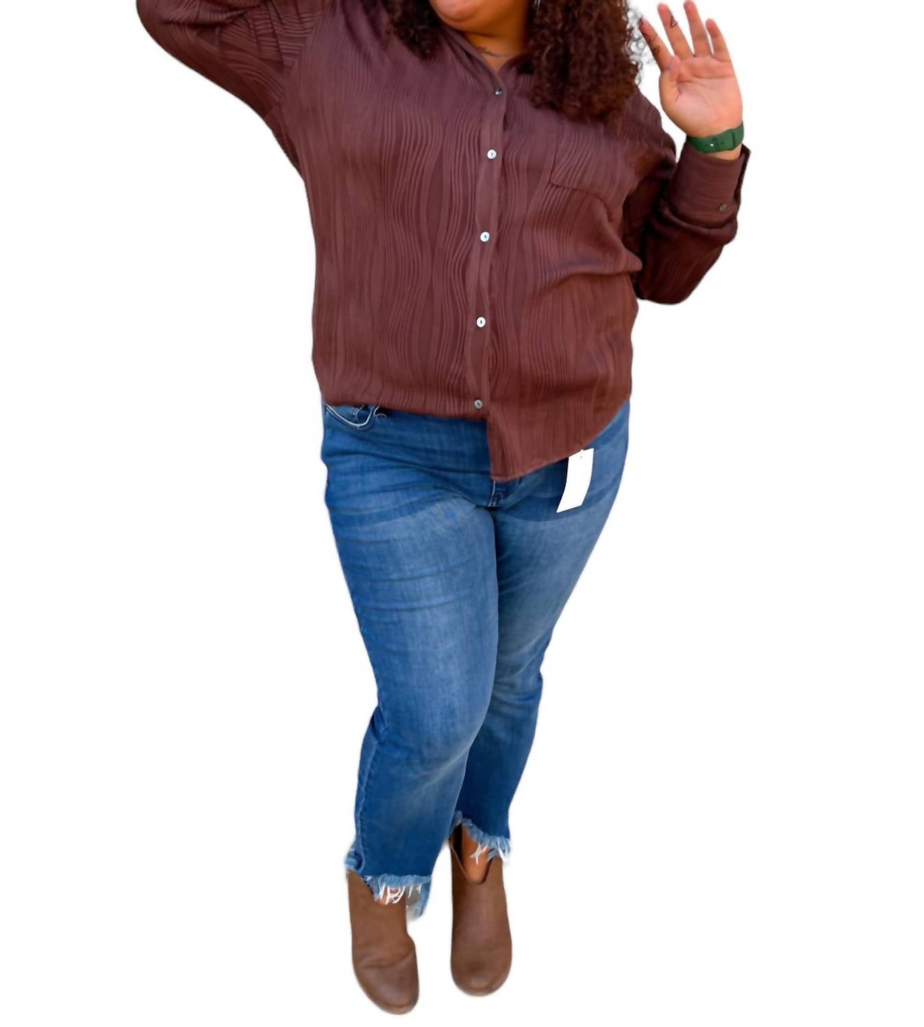 Entro - Bella Solid Textured Long Sleeve Button Up Top Plus