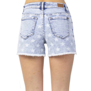 Judy Blue - Shorts com corte reto e estampa de estrela de cintura média e lavagem ácida