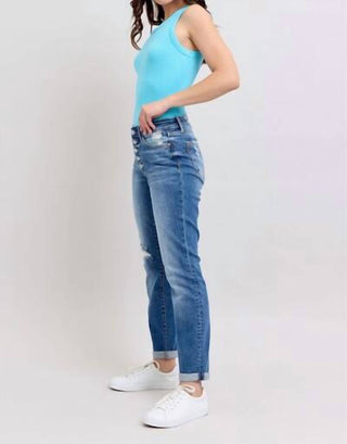 Judy Blue - Mid Rise Button Fly Distressed Boyfriend Jeans