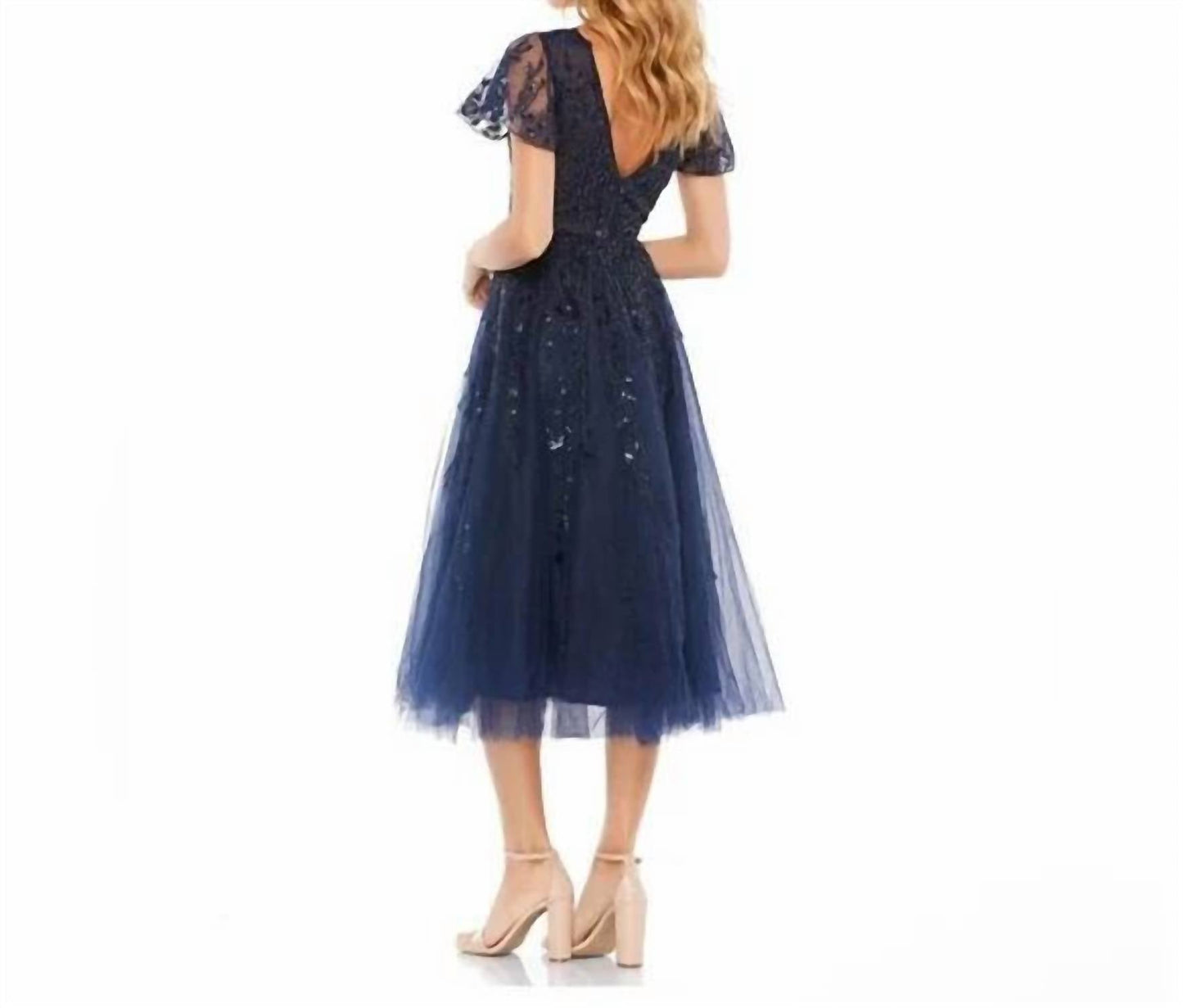 Mac Duggal - Embellished Fluttersleeve Tea Length Dress