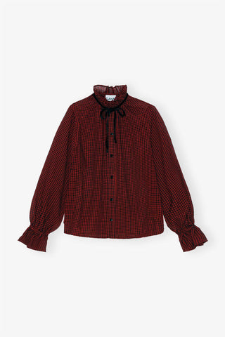 Ganni - Camisa vermelha transparente com cordão e amarração
