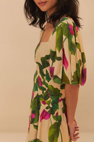 Farm Rio - Anthurium Leaves Short Sleeve Square Neck Dress