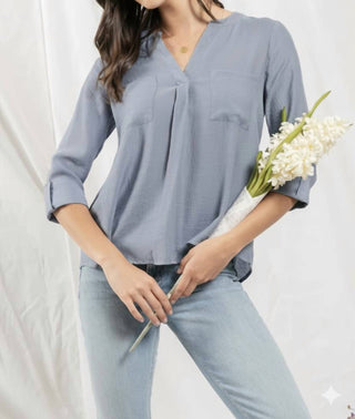 Blu Pepper - Split Neck Back Button Three Quarter Tab Sleeve Top