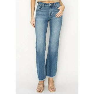 Risen - Calça jeans bootcut com cintura média e bainha desfiada