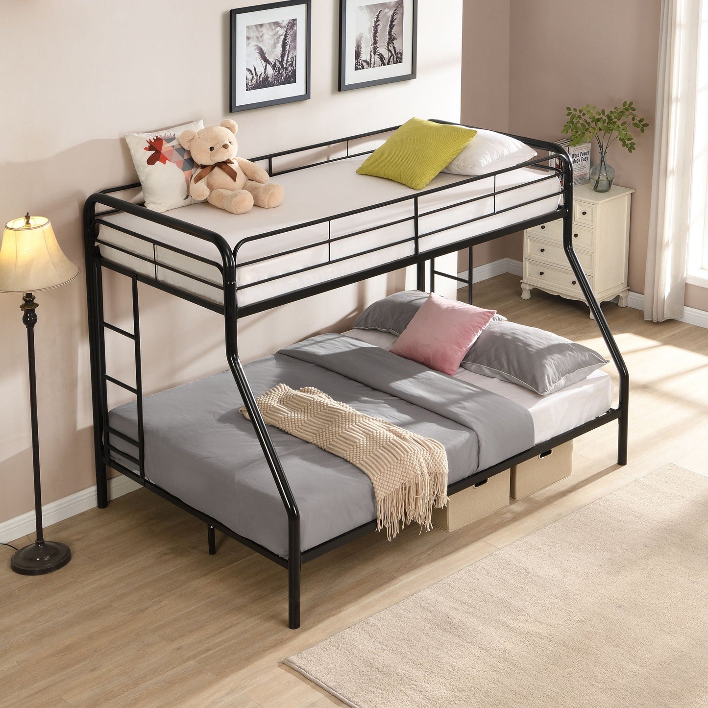 Modern Twin Over Full Metal Bunk Bed with Trundle and Dual Side Ladders