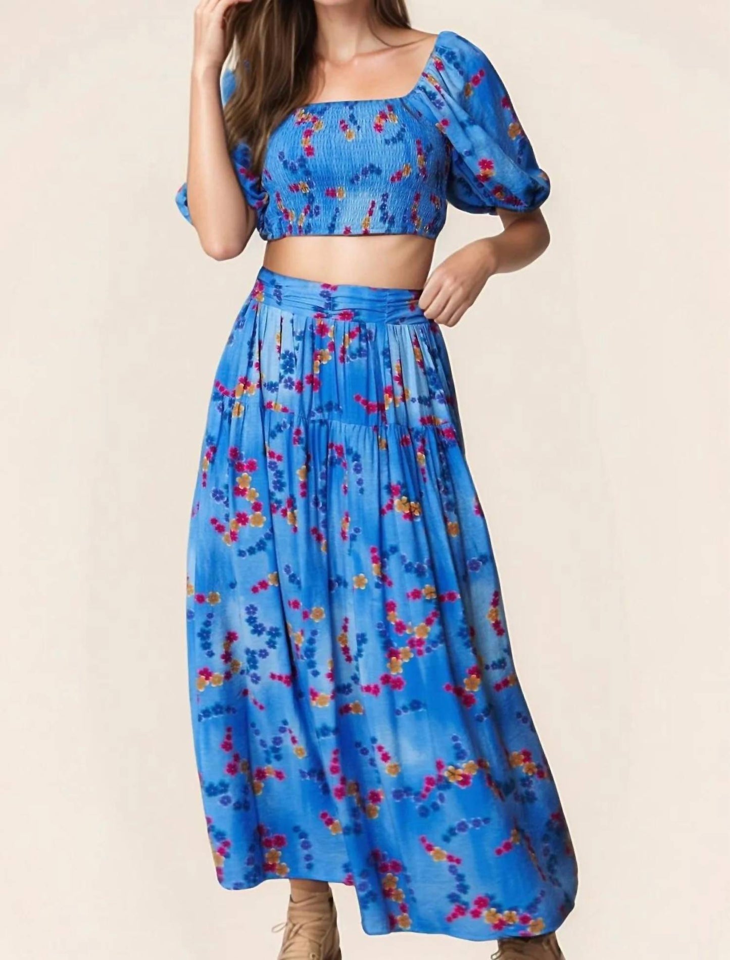 Trendsi - Davi & Dani Printed Smocking Waistband Ruffled Maxi Skirt