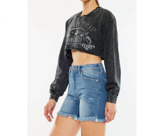 Kancan - Shorts jeans Cheyenne de cintura alta com bainha desfiada